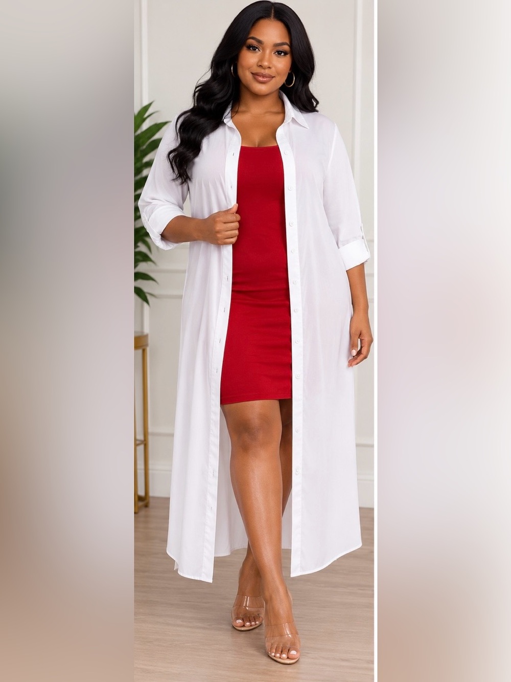 Elegant White Long-Sleeve Button-Front Shirt Dress - Picture 8 of 9